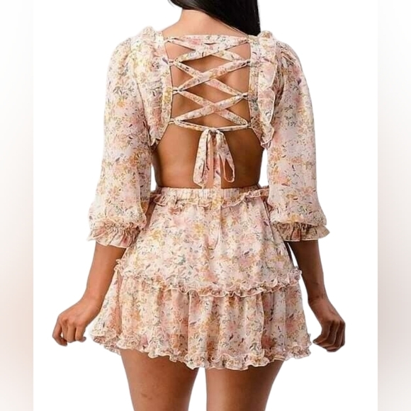 3/4 Sleeve Strappy Back Pink Floral Sexy Deep V-Neck Cut Out Mini Dress - Picture 2 of 13